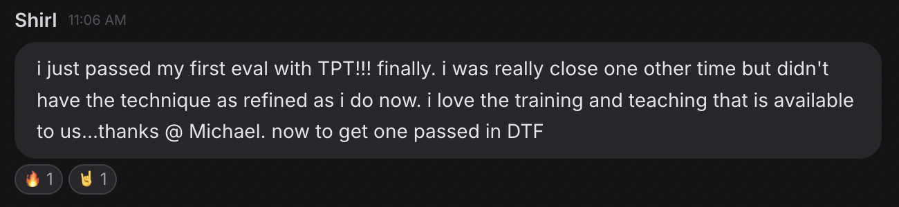 Shirl on passing a first evaluation and the training
